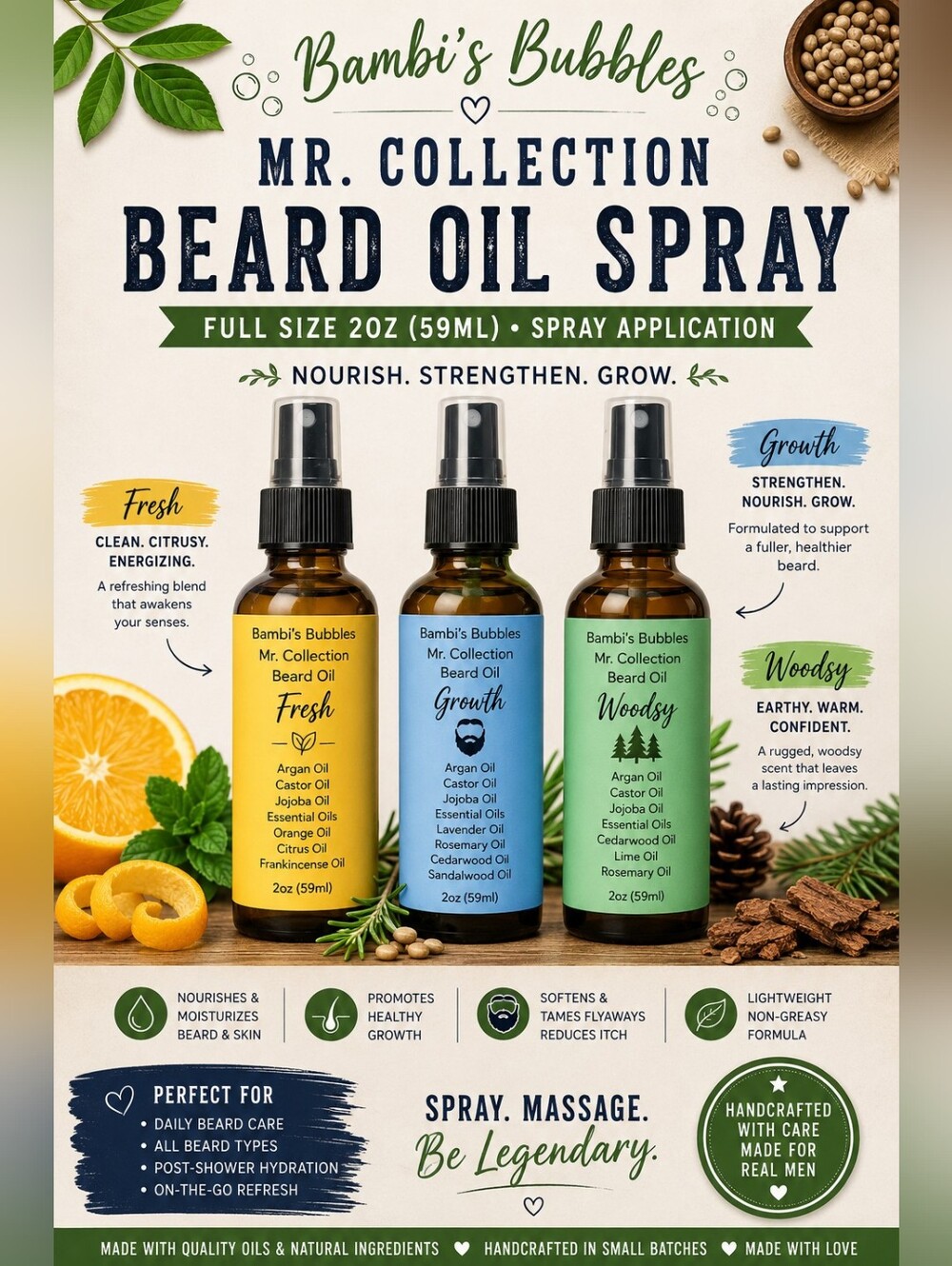 Made To Order Hand Crafted Beard Oil  2oz. Glass Bottle : Fresh,Growth or Woodsy